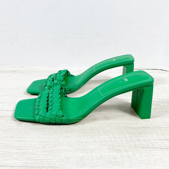 ZARA Kelly Green Open Toe Heels Slides Double Braided Strap 3 Inch Heel Sz UK 40 - Picture 4 of 8